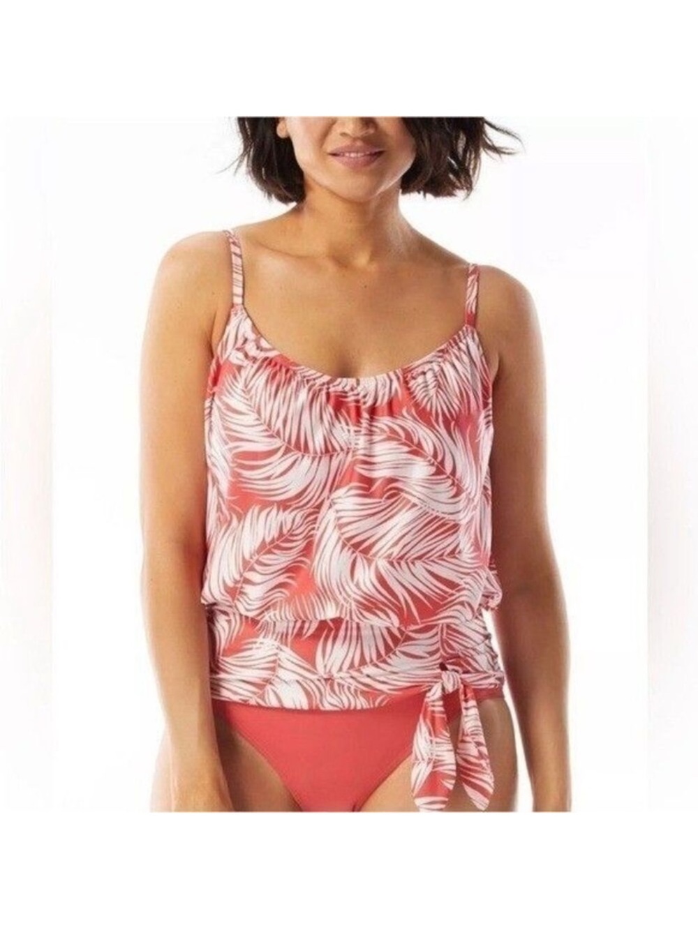 Coco Reef Contours Coral & White Palm Print Blouson Tankini Top